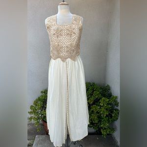Vintage Mexican boho funky beige gauze palazzo pant jumpsuit crochet lace Small